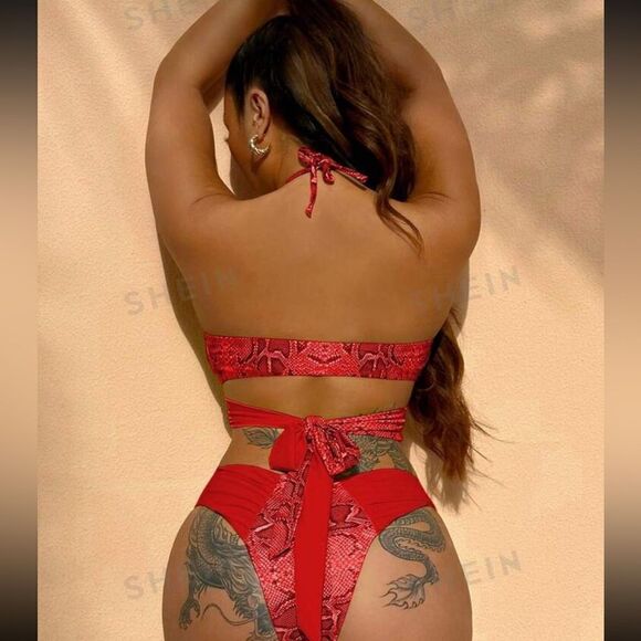 SXY Summer Beach Snakeskin Print Halter Bikini Set - Picture 2 of 5